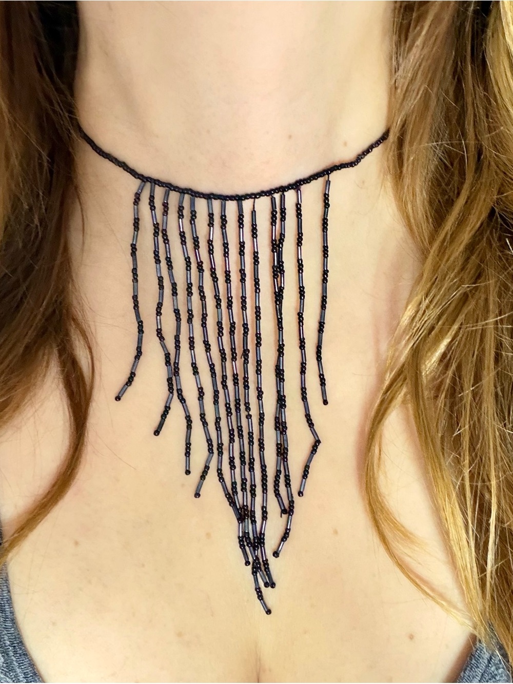 Black Fringe Beaded Statement Necklace - Women Jewelry